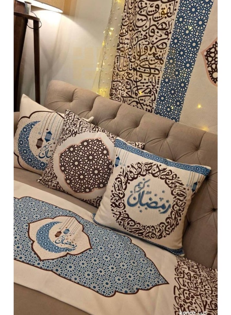 i diD 4-Piece Ramadan Velvet Decor Set: Runner (140 X 42cm) & 3 Cushion Covers (42 X 42cm) - Elegant Calligraphy Design - Image 1